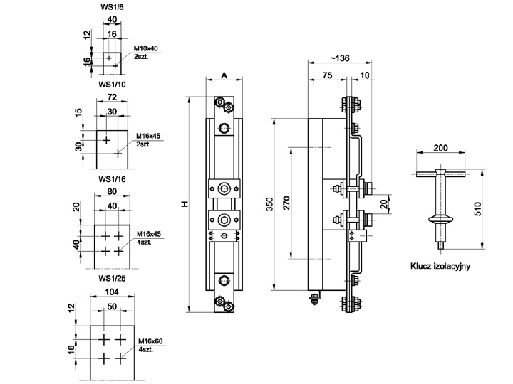 Odłącznik śrubowy wnętrzowy WS1 - wymiary